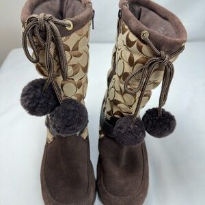 Coach Brown and Tan Patterned Boots with Pom Poms (Size 8)